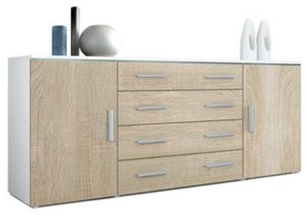 Vladon Sideboard Faro V2, Kommode mit 2 Türen und 4 Schubladen, Weiß matt/Eiche sägerau (166 x 72 x 35 cm) Bild 6