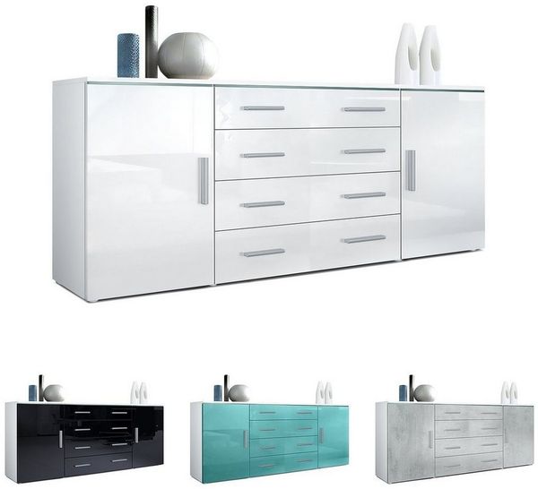 Vladon Sideboard Faro V2, Kommode mit 2 Türen und 4 Schubladen, Weiß matt/Eiche sägerau (166 x 72 x 35 cm) Bild 2