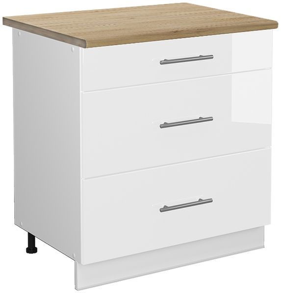 Küchenunterschrank Fame-Line Weiß Hochglanz 80 cm mit 3 Schubladen, AP Eiche Vicco