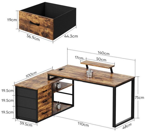 Furnicopia Eckschreibtisch 140cm mit Monitorarm, Computertisch mit drehbarer Tischplatte (Flexibel und schwenkbar, mit Steckdosen (2 Steckdosen + 2 USB-Anschlüsse), 3 großen Schubladen, 2 Ablageflächen)