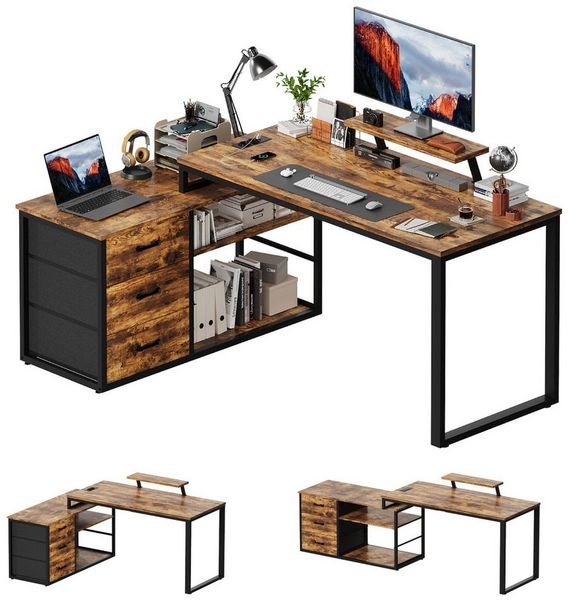 Furnicopia Eckschreibtisch 140cm mit Monitorarm, Computertisch mit drehbarer Tischplatte (Flexibel und schwenkbar, mit Steckdosen (2 Steckdosen + 2 USB-Anschlüsse), 3 großen Schubladen, 2 Ablageflächen)