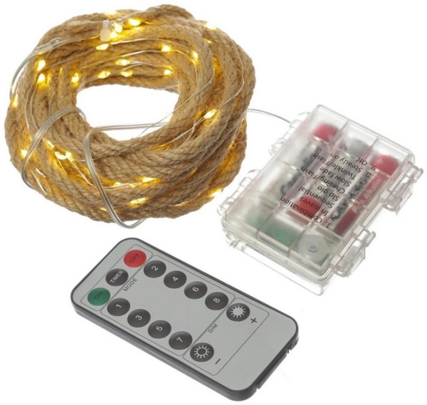 MARELIDA LED-Lichterkette Seil Jute maritime Deko Kordel Tau 100LED 5m Timer 8 Funkt. Outdoor, 100-flammig