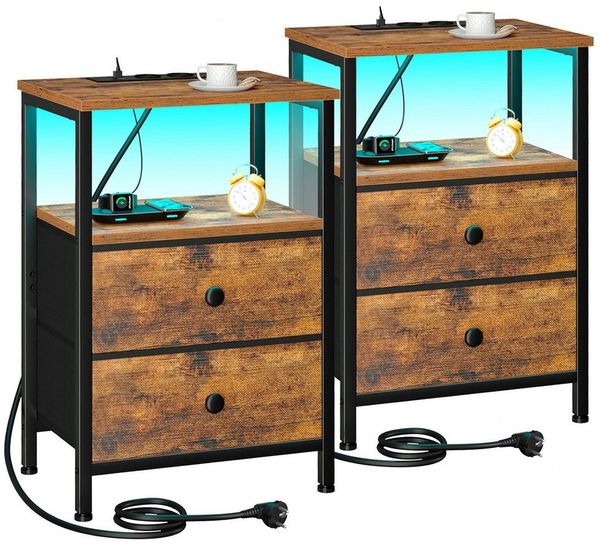 AMHANCIBLE Nachttisch 2er-Set mit integrierter Ladestation, LED-Beleuchtung & 2 Schubladen (2-St), multifunktionaler Beistelltisch mit offenem Fach, 40 x 30 x 60 cm