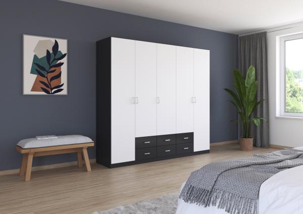 rauch Kleiderschrank, Drehtürenschrank GAMMA, 5-türig, 6 Schubkästen, Alpinweiß/Grau metallic, 226 x 210 x 54 cm