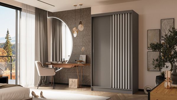ALTDECOR Schiebetürenschrank LABELLO (Kleiderschrank Garderobenschrank mit viel Stauraum Moderner Schrank) Vielseitiger Schwebetürenschrank Lamellen LED Beleuchtung