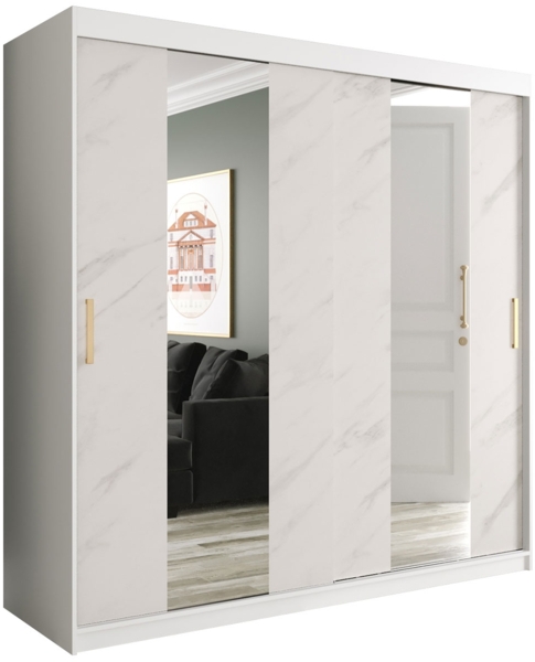 Kleiderschrank Kamoga Pole 200 (Weiß / Marmor Weiß + Gold, mit Schubladen)