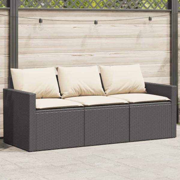 vidaXL Gartensofa mit Kissen 3-Sitzer Schwarz Poly Rattan 366340