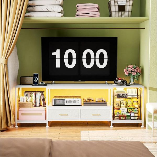 JEOBEST TV-Schrank TV-Regal, Sideboard, Lowboard mit offenen Fächern und Schubladen TV Board Fernsehtisch, L 1.8M Metallgestell,für 70 Zoll & kleinere TVs