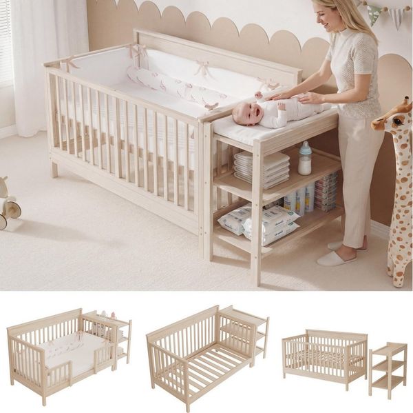 Flieks Babybett umwandelbar zum Beistellbett /Sofa, 3-fach höhenverstellbar, mit abnehmbarem Schutzzaun + Wickeltisch