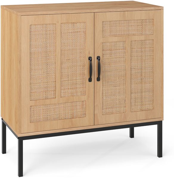 Rattan Sideboard mit 3-Fach Verstellbarem Regal & 2 Türen Boho Buffet Akzentschrank Natur