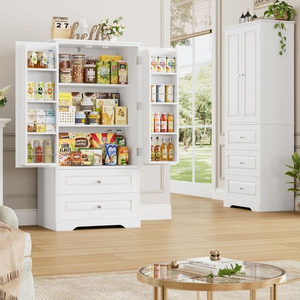Homfa Mehrzweckschrank Küchenschrank Vorratsschrank Buffetschrank Speiseschrank mit 8 Türregalen, 2 Schubladen, 60x40x120cm