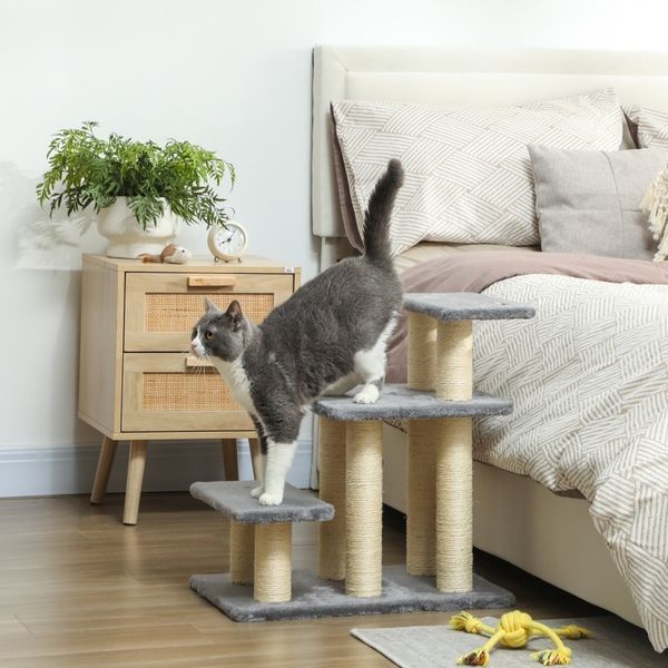 Haustiertreppen 3-stufig mit Sisal-Kratzstangen, flexible oberste Stufe, weicher Plüsch,bis 10kg,für Katzen & kleine Hunde