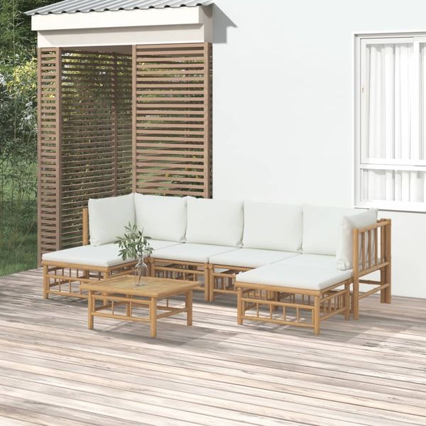 vidaXL 7-tlg. Garten-Lounge-Set mit Cremeweißen Kissen Bambus 3155197