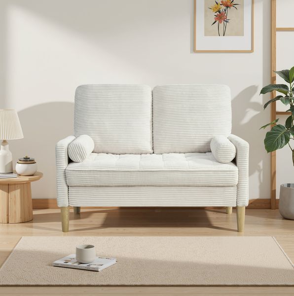 2-Sitzer Sofa 87cm×121cm×76cm aus Cord in Beige – kompaktes Loveseat im skandinavischen Stil mit Holzbeinen