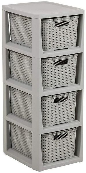 BranQ Home essential Regal in Rattan Design, BPA-freie Kunststoff PP, Hellgrau, 29,5 x 24 x 64,2 cm, 4 Körben