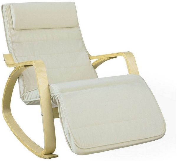 SoBuy Schaukelstuhl FST16, Schwingsessel Relaxsessel 5-Fach verstellbares Fussteil Birkenholz