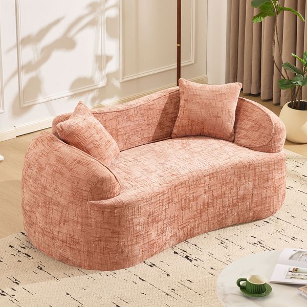 Zweisitzer-Sofa, Gebogenes mit Armlehnen Kompressions-Couch mit 2 Kissen Creme-Farbenes Sofa für kleine Räume Wohnzimmer Schlafzimmer keine Montage erforderlich, Stoff, Rosa