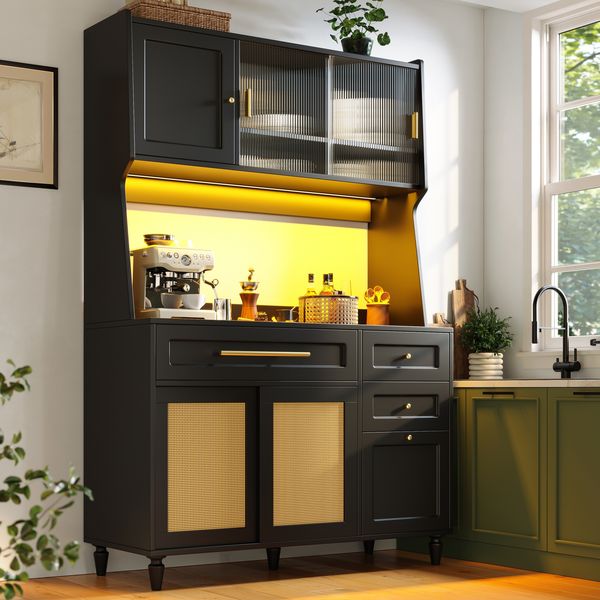 Merax Küchenschrank, Hochschrank,Vitrinenschrank, Buffetschrank mit Verstellbaren Ablagen, Esszimmerschrank mit 3 Schubladen,Sideboard mit LED-Beleuchtung, PE-rattan, schwarz