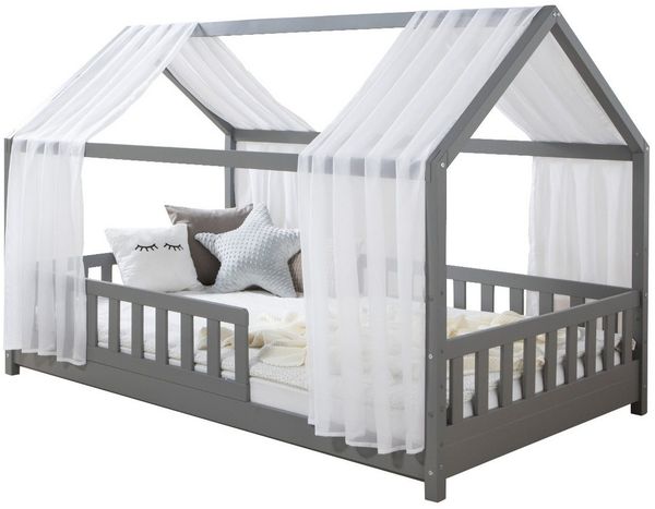 Ticaa Hausbett Kim mit Rausfallschutz aus Kiefer, Kinderbett 100x200, inkl. Tüll-Set, mit Rollrost