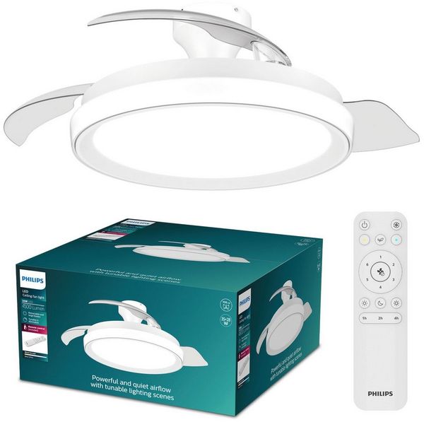 Philips LED Deckenleuchte Bliss 35W DC-Ventilator 28W, einziehbare Rotorblätter, Glitzeroptik, CCT - über Fernbedienung, Dimmer, Dimmfunktion, Ein-/Ausschalter, Farbsteuerung, Fernbedienung, Infrarot inkl, Memoryfunktion, Ventilatorfunktion, dimmbar üb...