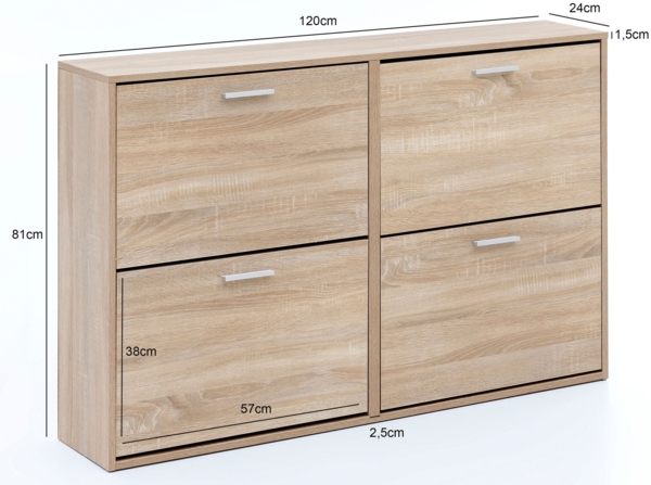 Schuhschrank WL5.828 Modern 120 x 81 x 24 cm Holz Schuhregal Sonoma 4 Fächer, Schuhkommode Flurschrank mit Ablage, Design Schuhkipper Schuhaufbewahrung, Flurkommode für Schuhe Hoch Bild 4