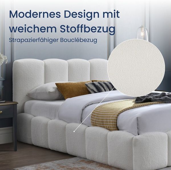 Home Collective Polsterbett Doppelbett 140x200 160x200 Bettgestell mit Lattenrost weicher Bezug (Doppelbett mit gepolstertem Kopfteil, robustes Gestell, hoher Liegekomfort), weiche Steppung im Bouclé-Look, Creme, 160x200 cm
