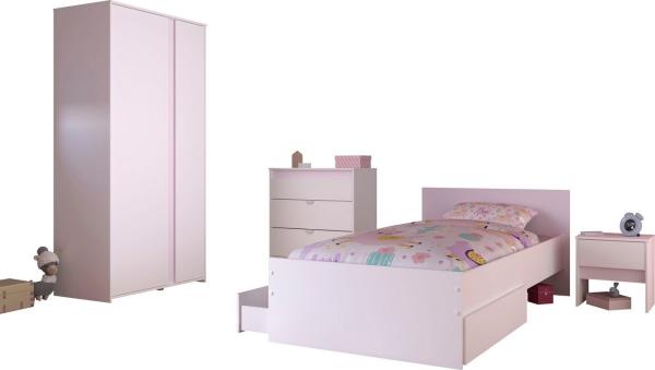 Parisot Jugendzimmer Kinderzimmer Pirouette22 in weiß mit grau oder rosa Set 4-teilig mit Bett, Kommode, Kleiderschrank und Nachttisch