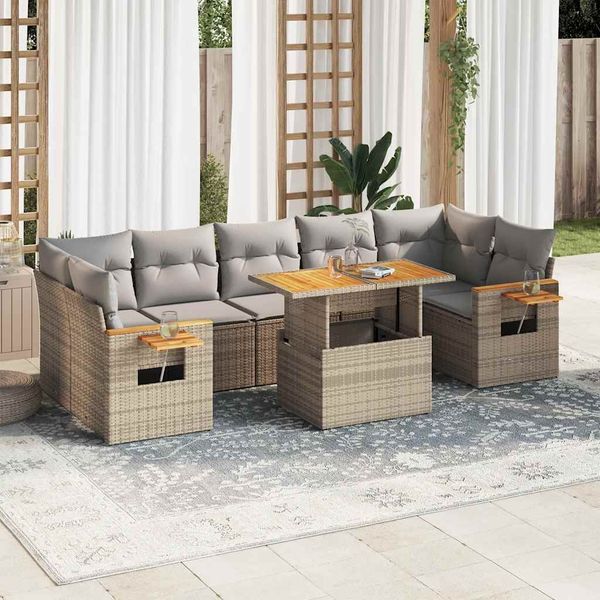 vidaXL 8-tlg. Garten-Sofagarnitur mit Kissen Beige Poly Rattan Akazie 3327573