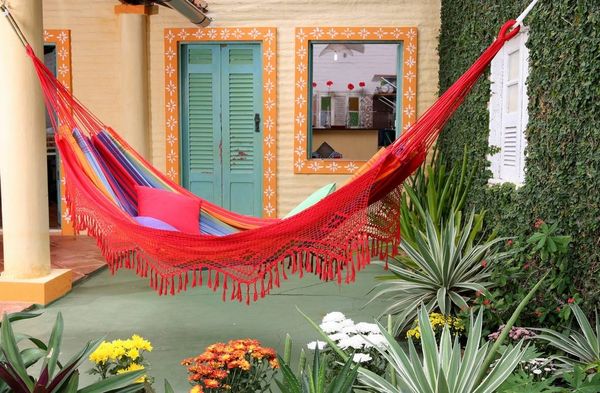 MacaMex Doppeltuchhängematte Brasil Comfort Verano mit Macrame, Baumwolle, rot, 160x390 cm