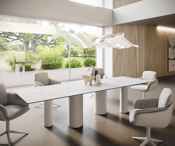 Esstisch Edge 300x100 Keramik Laminam®Statuarietto Weiß Pilier Metall Weiß