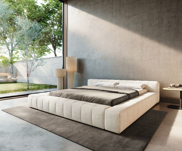 Polsterbettgestell Espazio 180x200 cm Bouclé Soft Beige mit Stauraum