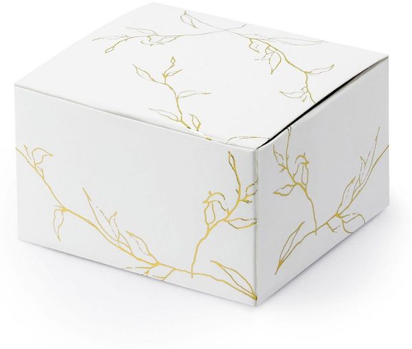 partydeco Geschenkbox, Geschenkbox mit Blattmuster für Gastgeschenke 6cm Weiß / Gold 10er Set