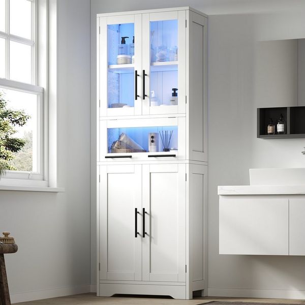 Flieks Hochschrank Badkommode Glasvitrine mit LED-Beleuchtung und Glastüren (Badezimmerschrank, 1-St, B60×T30×H170 cm) Bücherregal Mehrzweckschrank mit verstellbarer Einlegeböden Weiß