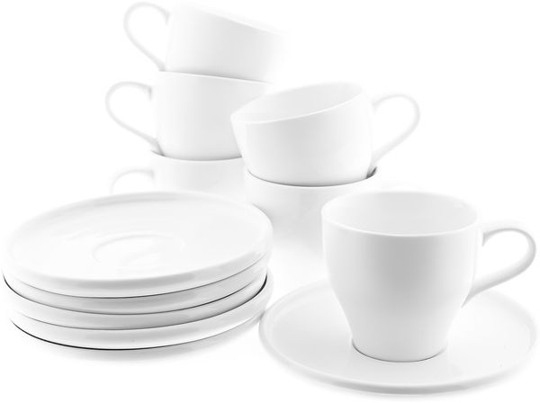 12 Tlg. Mokkatassen Set in Weiß mit Riffle Design mit Untertasse und Henkel