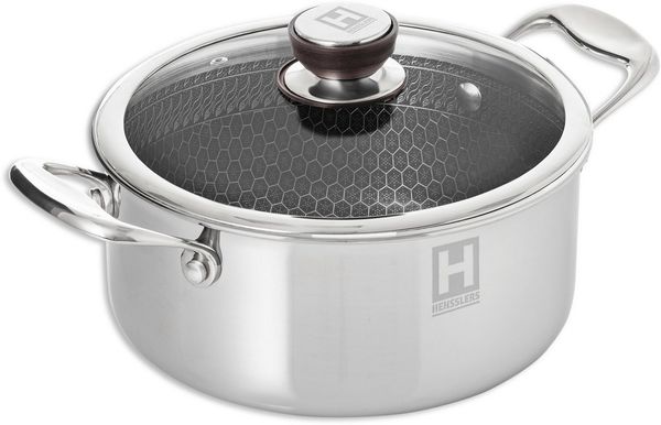 HENSSLERS Pfannen-Set, Edelstahl (Set, 7-tlg, je 1 Pfanne Ø 20/24/28 cm, je 1 Kochtopf Ø 20/24 cm), 3-Schicht Material, Wabenstruktur und Antihaftbeschichtung, Induktion