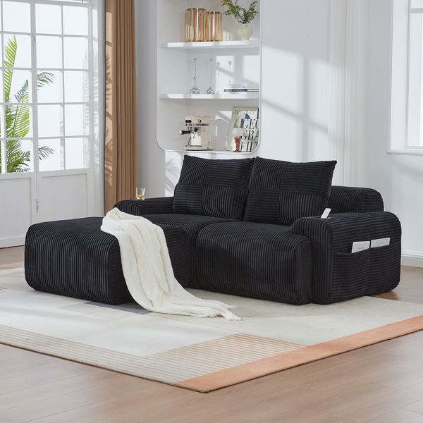 2-Sitzer-Sofa aus Cord 200x174x80 cm mit Cupholder & Seitentasche, schwarz