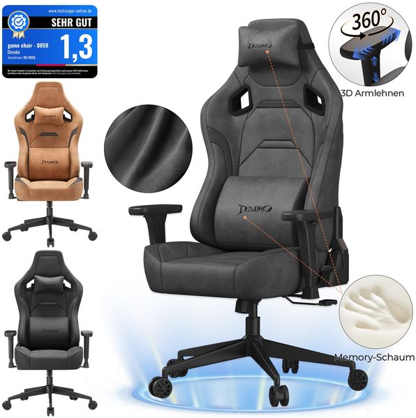 Gaming-Stuhl mit luxuriösem Wildlederimitat – ergonomisch, großzügige Sitzfläche, verstellbare Rückenlehne 90°–135°, 3D-Armlehnen,Grau
