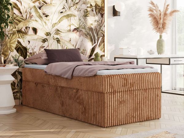 Boxspringbett 90x200 Polsterbett ZERO 90 Einzelbett ohne Kopfteil, inkl. Stauraum & Multipocket-Matratze, Hotelbett - Orange Cordstoff - H3 - Topper Visco