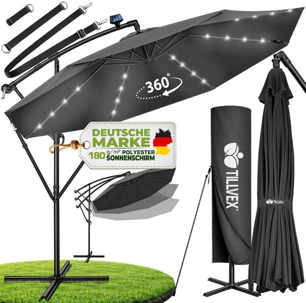 tillvex Alu Ampelschirm Anthrazit LED Solar Ø 300 cm mit Kurbel | Sonnenschirm mit An-/Ausschalter | Gartenschirm UV-Schutz Aluminium | Kurbelschirm mit Ständer Marktschirm wasserdicht
