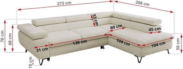 MKS Möbel 'Pablo L-Form' Ecksofa mit Schlaffunktion, verstellbare Kopfstützen, Creme, Schenille glatt, Visco Topper, Rechts Bild 6