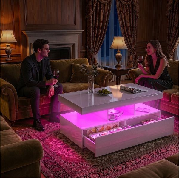 PXloue Couchtisch LED-Couchtisch mit Stauraum und modernem Design (Hochglänzender), Praktischer Tisch mit Schubladen und integrierter Beleuchtung
