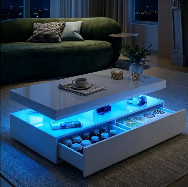 PXloue Couchtisch LED-Couchtisch mit Stauraum und modernem Design (Hochglänzender), Praktischer Tisch mit Schubladen und integrierter Beleuchtung