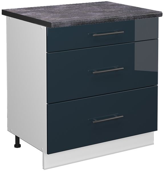 Küchenunterschrank Fame-Line Dunkelblau Hochglanz 80 cm mit 3 Schubladen, AP Anthrazit Vicco