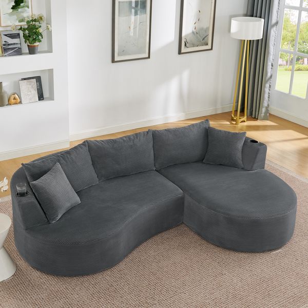 3-Sitzer Sofa 76cm×264cm×168cm mit Getränkehaltern – bogenförmiges Design aus weichem Kordstoff in Grau