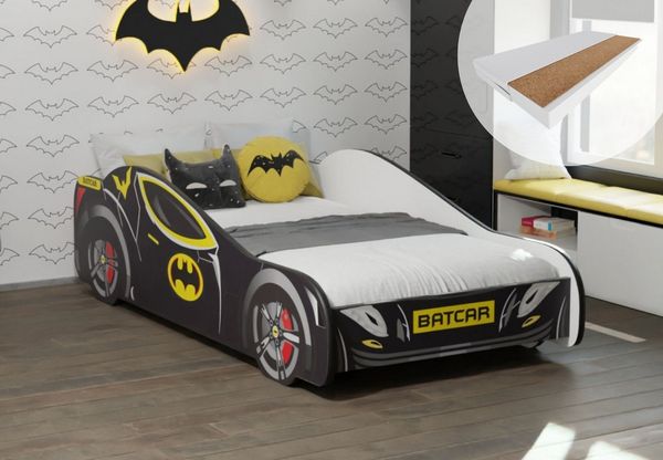 Kids Collective Autobett 70x140, 80x160 cm Kinderbett Jugendbett mit Rausfallschutz (Spielbett Batman Batmobil Bat Car Auto), Bett in schwarz Kinderbett 80x160 cm mit Matratze