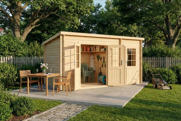 Alpholz Pultdach Gartenhaus Maria mit Anbau Gartenhaus aus Holz Holzhaus mit 40 mm Wandstärke Blockbohlenhaus mit Montagematerial