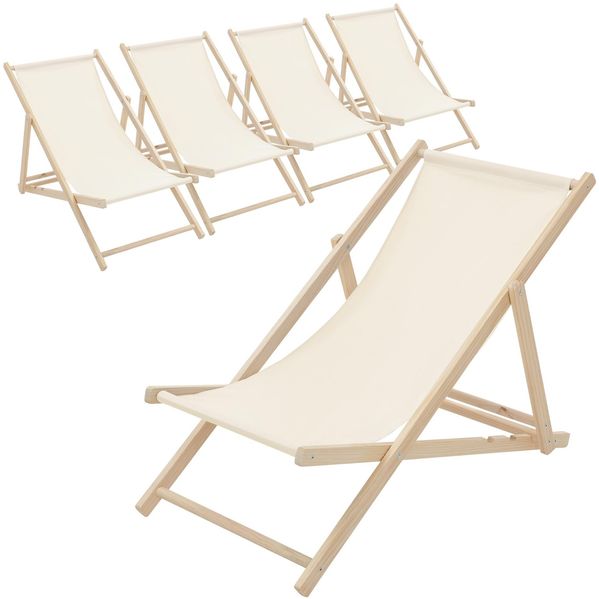 ECD Germany 5er Set Liegestuhl klappbar Beige, aus Holz, Sonnenliege mit 3-Fach Verstellbarer Rückenlehne, Strandliege bis 120 kg, Gartenliege, Strandstuhl, Relaxliege für Garten, Balkon & Terrasse