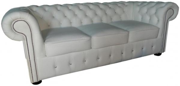 Casa Padrino Chesterfield Echtleder 3er Sofa in weiß mit Glitzersteinen 200 x 90 x H. 78 cm