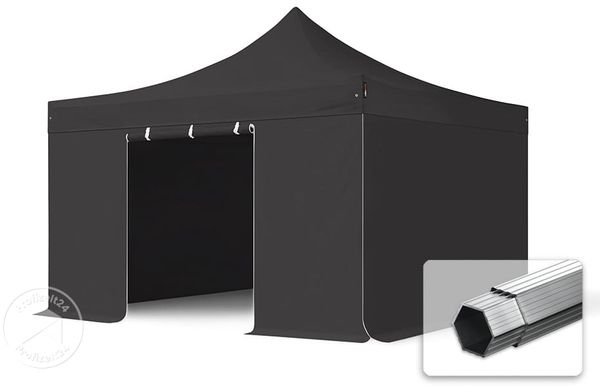 4x4 m Faltpavillon, PROFESSIONAL Alu 40mm, feuersicher, Seitenteile ohne Fenster, schwarz