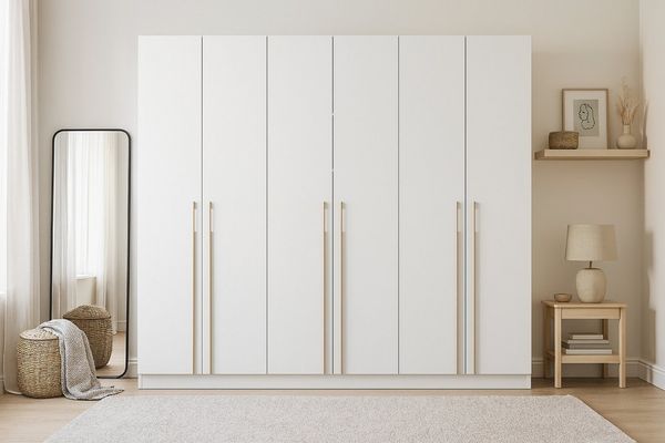 Deine Möbel 24 Kleiderschrank MIRELO 6-türig Drehtürenschrank mit goldfarbenen Griffen 230x210x57 cm (Set, 1-St, Einzelmöbel – frei kombinierbar mit weiteren Möbeln der Serie MIRELO) in Weiß Matt, Schwarz Matt und Cashmere
